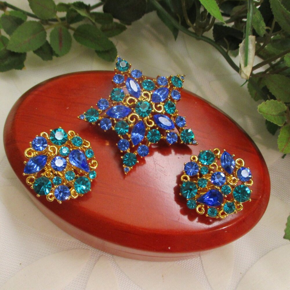 Vintage MJENT Star and Moon Rhinestone Gold Plate Brooch Earrings Designer Set
